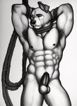 abs anthro armpit_hair balls bdsm black_and_white body_hair bondage bound canid canine canis domestic_dog genitals hands_behind_head humanoid_genitalia humanoid_penis male mammal monochrome muscular muscular_anthro muscular_male nipples pecs penis rope solo tesseract_(director)