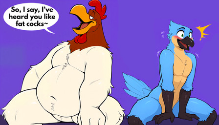 age_difference anthro avian_caruncle beak belly blue_body blush comb_(anatomy) dewlap_(anatomy) duo eyebrows feathers green_eyes head_crest looking_at_another male motion_lines nude older_male open_mouth overweight scuted_arms scuted_legs scutes shocked sitting size_difference slim speech_bubble tail_feathers teasing text tongue white_body luuklook foghorn_leghorn luuklook_(kingfisher_form) avian bird chicken coraciiform galliform gallus_(genus) kingfisher phasianid absurd_res hi_res