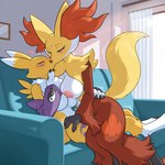 anthro blinds breasts duo female female/female fluffy fluffy_tail furniture heart_symbol kiss kissing living_room mature_female neck_tuft seductive sofa tuft window young_female matt3985_(director) phazon digimon nintendo pokemon canid canine delphox digimon_(species) fox generation_6_pokemon mammal pokemon_(species) renamon hi_res