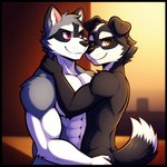 animatronic_male anthro black_body black_fur duo duo_focus embrace fur grey_body grey_fur group hand_on_butt hug machine male male/male muscular muscular_anthro muscular_male pink_eyes romantic romantic_couple yellow_eyes candougie those_nights_at_rachel's doug_(tnar) ray_(tnar) animatronic canid canine canis domestic_dog herding_dog mammal pastoral_dog procyonid raccoon robot sheepdog