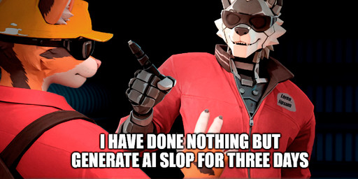 anthro armor blindfold calico_pattern clothing collared_shirt cybernetics dark_body dark_fur duo eyewear fur goggles grey_body hard_hat headgear helmet inner_ear_fluff jacket machine male mechanical_arms mechanical_hand mechanical_joints mottled multicolored_body multicolored_fur orange_body orange_fur overalls piebald red_clothing red_jacket red_shirt red_topwear shirt text topwear tuft loren_iipsum meme_2026 team_fortress_2 ceri_(cerinil) calico_cat canid canine canis cyborg domestic_cat felid feline felis mammal wolf meme watermark