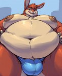 anthro areola belly big_belly big_bulge big_moobs blue_clothing blue_underwear brown_eyes bulge close-up clothed clothing fur holding_belly huge_thighs hyper hyper_belly lagomorph leporid licking licking_lips looking_at_viewer low-angle_view male mammal moobs morbidly_obese navel nipples obese overweight overweight_male promptmeharderdaddy rabbit red_body red_fur simple_background solo standing thick_thighs tongue tongue_out underwear underwear_only