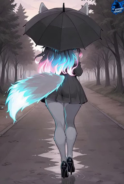 animal_ears anthro armwear bare_shoulders black_clothing black_dress black_footwear blue_hair body_fur butt clothing detached_sleeves dress female footwear forest fur gradient_hair grey_body grey_fur hair high_heels holding_object holding_umbrella long_hair multicolored_hair nature outside pink_hair plant ripples road short_dress solo standing strapless_clothing strapless_dress tail tree umbrella walking white_body white_fur thebigbradwulf nyx_(thebigbradwulf) canid canine fennec fox mammal animated director_name full-length_portrait portrait short_playtime webm