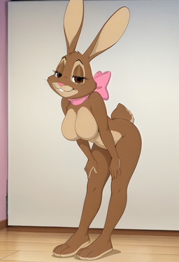 anthro bent_over big_breasts bow_ribbon breasts brown_body digitigrade featureless_breasts feet female fur inside long_ears looking_at_viewer mascot nude nude_female rabbit_ears seductive smile solo tail boxen549 cadbury_bunny lagomorph leporid mammal rabbit hi_res