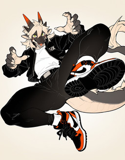 2_horns action_pose anthro black_body black_bottomwear black_clothing black_jacket black_pants black_topwear blush bottomwear clothing feet foot_focus footwear front_view hair happy horn jacket jumping kemono male mythology open_mouth open_smile pants pose shirt shoes simple_background smile socks solo topwear white_clothing white_footwear white_hair white_shirt white_socks white_topwear akdr_ai dragon mythological_creature mythological_scalie scalie hi_res