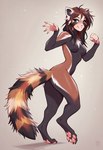 4_toes 5_fingers ai_tagging_(redrocket) anthro black_body black_fur blue_eyes breasts brown_body brown_fur brown_hair butt claws digitigrade featureless_breasts feet female fingers fur hair looking_at_viewer looking_back looking_back_at_viewer multicolored_body multicolored_fur nude pawpads paws pink_pawpads pinup pose simple_background smile solo stripes tasteful_nudity toes tuft turning twisting walking director_crashbandit ailurid humanoid hybrid mammal procyonid raccoon red_panda tail digital_media_(artwork) hi_res novelai shaded