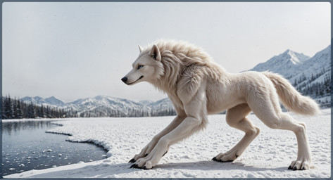 ambiguous_gender anthro claws depth_of_field female feral fur gradient_background light mane paws photorealism simple_background smile snow solo water white_body white_fur miracleofmystery absurd_res hi_res
