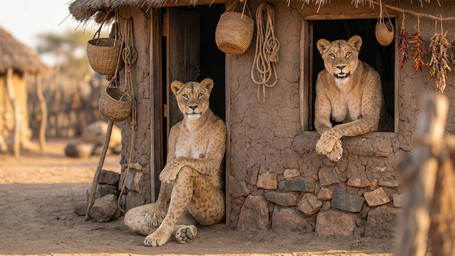 anthro basket breasts container duo female herbs hut looking_at_viewer nude photorealism rope smile social_nudity tribal village tribalcat felid lion mammal pantherine hi_res