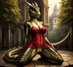 anthro babydoll bottomless breasts clothed clothing fantasy female genitals green_body green_scales horn kneeling lingerie nightgown non-mammal_breasts outdoors plant pussy red_eyes scales solo tree denis0k argonian scalie colored