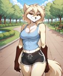 5_fingers anthro arm_by_side athletic athletic_anthro athletic_female athletic_wear bench black_nose blonde_hair bottomwear bra breasts cheek_tuft chest_tuft cleavage clothed clothing cloud day detailed_background eyebrows eyelashes facial_tuft female fingers fur grass gym_bottomwear gym_clothing gym_shorts hair looking_at_viewer midriff navel outside park park_bench plant shirt shorts shoulder_tuft sky smile solo sports_bra standing tan_body tan_fur tank_top topwear tree tuft underwear anontk twokinds clovis_(twokinds) canid canine canis mammal 2021 hi_res shaded