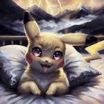 bed female feral furniture generation_1_pokemon lightning looking_at_viewer mammal open_mouth pikachu pillow pink_eyes pokemon pokemon_(species) rodent solo sparks tongue tongue_out venisoncreampie