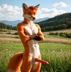 animal_genitalia animal_penis anthro balls big_penis canine_genitalia canine_penis casual_nudity crossed_arms fur genitals grassland green_eyes hair looking_at_viewer male nude orange_body orange_fur orange_hair outdoor_nudity outside penis realistic smile solo standing tacitus_kilgore canid canine fox mammal