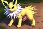 blue_eyes eeveelution feral fur generation_1_pokemon genitals grass hi_res jolteon male neck_tuft outdoors outside penis plant pokemon_(species) sergalbutt solo spikes tail_tuft tuft yellow_body yellow_fur