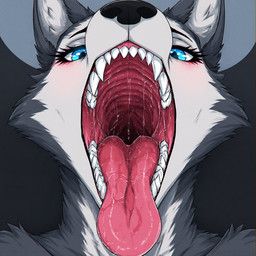 anthro blue_eyes bodily_fluids female looking_at_viewer mouth_shot open_mouth saliva sharp_teeth teeth tongue tongue_out maw_master canid canine canis mammal wolf