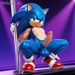 anthro balls big_balls blue_balls blue_body clothing crouching footwear genitals gloves handwear looking_at_viewer male nude penis pole red_clothing red_footwear red_shoes shoes solo strip_club stripper_pole tongue tongue_out white_clothing white_gloves white_handwear mobians.ai sega sonic_the_hedgehog_(series) sonic_the_hedgehog eulipotyphlan hedgehog mammal