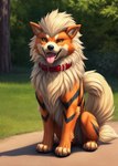 arcanine brown_eyes collar feral generation_1_pokemon happy hi_res joshan2 male mammal park pokemon_(species) solo tongue tongue_out