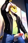 anthro balls bottomwear clothing denim denim_clothing exhibitionism felid genitals hi_res hybrid jacket jeans leather leather_clothing leather_jacket leather_topwear leopard leopard_spots male mammal pantherine pants penis public pup_tobey reptile scalie solo spots topwear