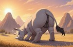 <3 animal_genitalia animal_pussy anus bedroom_eyes blue_eyes eyelashes female feral genitals head_down mountain narrowed_eyes outside presenting presenting_pussy pussy quadruped rear_view savanna seductive solo submissive submissive_female sun sunset teats terraraptor mammal rhinocerotoid white_rhinoceros hi_res