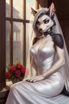 anthro canid canine canis clothing dress ear_piercing female flower inside looking_at_viewer loona_(helluva_boss) mammal piercing plant red_sclera rose_(flower) sitting solo wedding_dress white_clothing white_dress window wolf