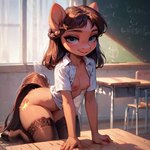 anthro blue_eyes braided_hair breasts brown_hair chalkboard classroom clothed clothing female hair kneeling lace_stockings legwear looking_at_viewer nipples open_clothing open_shirt open_topwear school shirt small_breasts smile solo thigh_highs topwear equid equine mammal