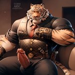 anthro bladewolf74 bodily_fluids bulge clothing epic_games felid fortnite genital_fluids genitals hi_res looking_at_viewer male mammal oscar_(fortnite) pantherine penis precum solo tiger