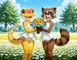 anthro bottomless bouquet clothed clothing dress duo female female/female flower_field genitals looking_at_viewer plant pussy raised_tail spring standing sundress tree denis0k gecko lizard mammal procyonid raccoon reptile scalie