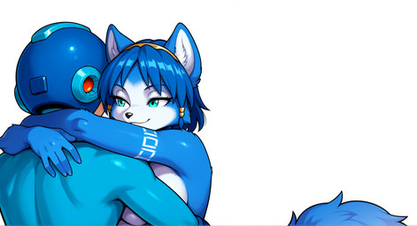 anthro blue_body blue_ears blue_fur blue_hair blush blush_lines breasts cheek_tuft claws duo embrace faceless_character facial_tuft fangs female female_anthro female_on_humanoid fluffy fur furniture green_eyes hair hug humanoid_on_anthro implied_sex inner_ear_fluff interspecies intimate male male/female male_human male_on_anthro markings multicolored_body multicolored_ears multicolored_fur narrowed_eyes nude nude_anthro nude_female simple_background slight_blush smile tattoo teeth toony tribal tribal_markings tribal_tattoo tuft upper_body white_background white_body white_fur white_inner_ear white_inner_ear_fluff white_markings white_tattoo anonymous_director mega_man_(series) nintendo star_fox krystal_(star_fox) mega_man_(character) canid canine fox human humanoid mammal 2026 digital_media_(artwork) hi_res