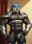 abs anthro armor big_bulge blue_body blue_fur bodysuit bulge clothing collar detailed_bulge fur gauntlets gloves handwear inside looking_at_viewer male muscular muscular_male power_rangers skinsuit solo tight_clothing aiaicaptain doggie_kruger canid canine canis domestic_dog mammal