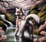 amaterasu_(okami) anatomically_correct anatomically_correct_genitalia animal_genitalia animal_pussy anus black_pussy bodily_fluids butt canid canine canine_genitalia canine_pussy canis casual_exposure cherry_blossom cherry_blossom_tree cherry_tree detailed detailed_background detailed_fur director_firewolf female feral fruit_tree furryrock_(model) genital_fluids genitals hi_res looking_at_viewer looking_back looking_back_at_viewer mammal markings mountains outside photorealism photorealistic plant presenting presenting_hindquarters pussy pussy_juice raised_tail realistic realistic_fur rear_view red_eyes red_markings reflection solo tree water waterfall wet wolf