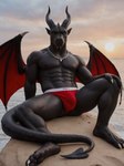 2_horns abs anthro beach biceps biped black_body black_scales bulge claws clothed clothing cloud digitigrade fangs feet hand_on_leg horn jewelry jockstrap looking_at_viewer male membrane_(anatomy) membranous_wings muscular muscular_anthro muscular_male navel necklace nipples on_rock outside paws pecs pose red_clothing red_eyes red_underwear rock scales sea seaside sitting sky smile solo spade_tail spread_legs spread_wings spreading sun sunset teeth text text_on_clothing text_on_underwear toe_claws toes topless underwear underwear_only water wings yellow_eyes lewdtf dragon mythological_creature mythological_scalie reptile scalie western_dragon tail 3d_(artwork) absurd_res digital_media_(artwork) hi_res