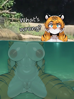 anthro blue_eyes dialogue eyebrows female front_view fur genitals humor large_breasts nipples nude orange_body orange_fur outside partially_submerged pussy raised_eyebrow sitting solo text wet ahogagu felid mammal pantherine tiger hi_res