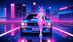 anthro areola blue_eyes breasts car cel_shading claws cyberpunk digitigrade feet female futuristic genitals hi_res leaning leaning_back medium_breasts neon neon_lights night_sky nipples nude outdoors outside peach_pussy pink_body pink_nipples pussy reflection retro sergal shaded sky solo solo_focus standing star starry_sky synthwave thermalenjoyer toe_claws vaporwave vehicle willywizard