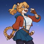 animal_nose anthro blonde_hair blue_eyes bottomwear clothed clothing female fur gloves hair handwear jacket midriff open_mouth ponytail shirt simple_background skirt solo spots spotted_body spotted_fur tail topwear white_clothing white_shirt white_topwear yellow_body yellow_fur cross_crusader cadence_(rift_of_the_necrodancer) cheetah felid feline mammal hi_res