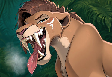 blue_eyes bodily_fluids bodypaint breath_cloud fangs female feral jungle long_fangs looking_at_viewer open_mouth sabertooth_(anatomy) saliva sharp_teeth teeth tongue tongue_out maw_master felid lion mammal pantherine sabertoothed_lion hi_res