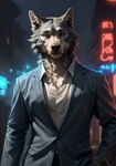 anthro canid canine canis clothing fur hi_res japan legoshi_(beastars) male mammal multicolored_body neon_lights solo taji_(director) wolf