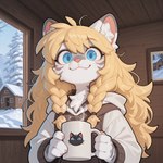 ambiguous_gender anthro beverage blonde_hair blue_eyes braided_hair cabin coffee fangs hair long_hair looking_at_viewer mane nat_(nonimousmate) solo upper_body nonimousmate felid mammal pantherine tiger hi_res