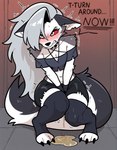 angry anthro belly_button blush bodily_fluids bottomwear breasts cleavage clenched_teeth clothed clothing collar crop_top crouching dialogue ears_down embarrassed female floor fur genital_fluids grey_body grey_fur grey_hair hair hair_over_eye holding_crotch hotpants knock-kneed legwear long_hair looking_at_viewer multicolored_body multicolored_fur navel omorashi one_eye_obstructed peeing pivoted_ears red_sclera shaking shirt shorts small_breasts solo studded_collar sweat sweatdrop talking_to_viewer teeth text thigh_highs tile tile_floor topwear trembling two_tone_body two_tone_fur urine urine_pool watersports wetting white_body white_fur yelling betanpcai helluva_boss loona_(helluva_boss) canid canid_demon canine canis demon hellhound mammal wolf absurd_res hi_res