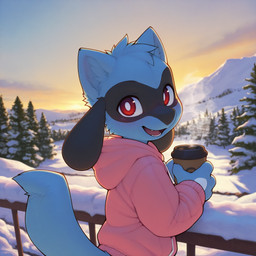 anthro beverage biped blue_body blue_fur blush clothing fangs fence fur happy holding_object hoodie male mountains open_mouth pink_clothing plant pupils red_eyes snow solo tail teeth topwear tree white_pupils winter lucalex nintendo pokemon generation_4_pokemon pokemon_(species) riolu hi_res
