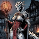 anthro breasts carnelia cleavage clothed clothing dragonborn_(disambiguation) female looking_at_viewer magic_user non-mammal_breasts robe scales scalie skimpy solo staff thick_thighs ulfyn white_body white_scales