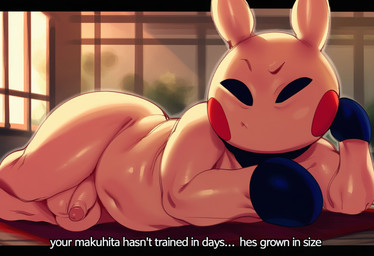 anthro balls blush blush_stickers boxing_gloves clothing genitals handwear humanoid_genitalia humanoid_penis inside letterbox lying male navel nude on_side penis slightly_chubby solo text thick_thighs hellsonger nintendo pokemon generation_3_pokemon makuhita mammal pokemon_(species) english_text