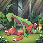 anthro bodily_fluids cum cum_on_face duo eyes_closed female flower from_front_position genital_fluids genitals grass looking_pleasured lying male male/female missionary_position on_back penis plant pussy sex waterfall lightning7 nintendo pokemon charmeleon generation_1_pokemon generation_3_pokemon grovyle pokemon_(species) hi_res