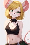 anthro belt blonde_hair bottomwear breasts cleavage clothed clothing female foxgirlai fur green_eyes hair half-length_portrait halter_top looking_at_viewer mammal mouse moushley murid murine navel portrait rodent seductive skirt smile solo white_body white_fur