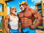 anthro armor bodily_fluids bulge clothed clothing construction_site construction_worker covered_nipples duo headgear helmet male male/male muscular nipples shirt shy sweat tank_top topless topwear cowfurmania bovid mammal ursid hi_res