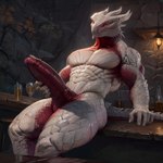 anthro beverage big_penis erection genitals highlights_(coloring) holding_penis horn huge_penis humanoid_genitalia humanoid_penis male male/male muscular nude penis red_eyes red_highlights red_penis scales sitting solo tavern thick_thighs white_body white_scales alcholoicidiot the_dark_urge dragon dragonborn_(dnd) scalie full-length_portrait portrait