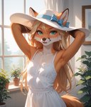 anthro armpit_showing bare_shoulders blonde_hair breasts clothing dress female fur hair hands_behind_head hat headgear headwear long_hair looking_at_viewer small_breasts smile smiling_at_viewer solo solo_focus sundress magacitl canid canine fox mammal hi_res