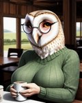 anthro beak beverage breasts cafe coffee coffee_cup container cup eyewear female glasses looking_at_viewer solo solo_focus avian barn_owl bird masked_owl owl tytonid