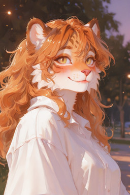 anthro blurred_background blush breasts cheek_tuft clothed clothing curled_hair evening facial_tuft female fur hair long_hair looking_at_viewer orange_body orange_eyes orange_fur orange_hair outside pink_nose pupils side_view slit_pupils smile solo tuft whisker_spots white_body white_fur kbi felid humanoid mammal pantherine tiger
