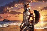 animal_genitalia anthro balls beach bottomwear bottomwear_aside canid canine clothing clothing_aside cloud egyptian femboy foreskin fox fur genitals girly hair half-erect humanoid_genitalia humanoid_penis kemowolf legwear long_hair male mammal navel nipples penis plant red_body red_fox red_fur sand sea seaside sheath sky slim solo stockings sunset tan_body tan_fur tree water