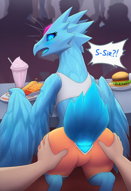ambiguous_gender animal_genitalia bar beak blue_body blue_eyes blue_sclera blue_tongue blush boxers_(clothing) bra burger butt butt_grab cloaca clothed clothed_feral clothing crowd dialogue digitigrade feathers feet female feral first_person_view food forehead_gem fries front_view furniture genitals glowing glowing_genitalia groping_from_behind group hand_on_butt hooters human_pov ice inside milkshake open_mouth phone pov_hands rear_view restaurant shocked silhouette_background_characters solo speech_bubble sports_bra standing surprise tail tail_feathers text thick_thighs tongue underwear wings q_wings league_of_legends riot_games tencent anivia_(lol) avian bird elemental_creature human mammal hi_res