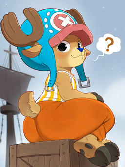 anthro blue_clothing blue_hat blue_headwear blue_nose bottomwear brown_body clothing fur hat headgear headwear hooves horn looking_at_viewer male orange_bottomwear orange_clothing orange_shorts pattern_clothing pattern_shirt pattern_topwear shirt shorts sitting solo striped_clothing striped_shirt striped_topwear stripes tail tank_top topwear white_clothing yellow_clothing maxoggami one_piece tony_tony_chopper capreoline cervid mammal reindeer hi_res